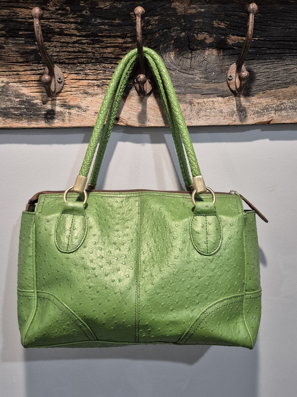 Vintage Liz Claiborne Green Ostrich Embossed Satchel Handbag Y2K